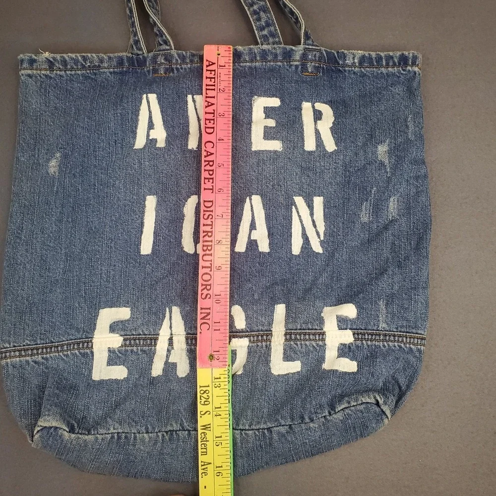 AMERICAN EAGLE Distressed Blue Jean Denim Shoulder Tote‎ Bag Logo Spellout